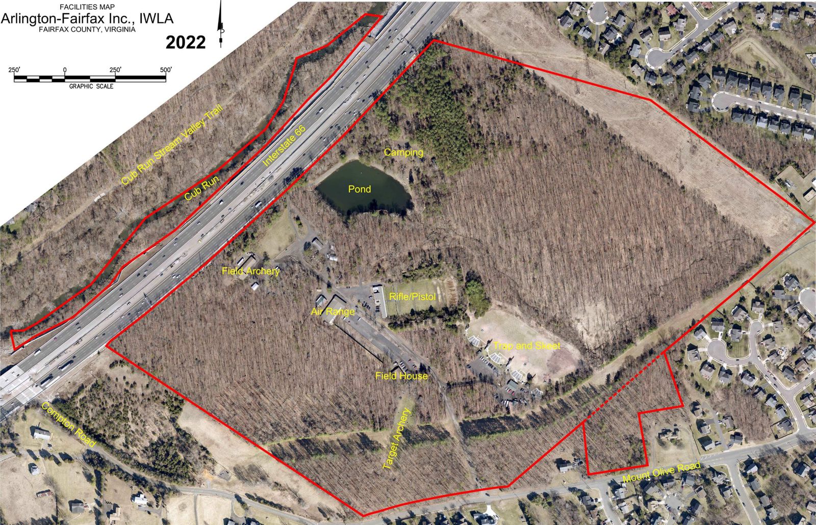 Aerial facilities map of the Arlington-Fairfax Chapter property showing the pond, ranges, and field house